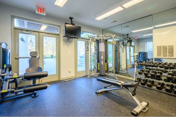 A gym with a variety of equipment including a bench press, a squat rack, and a rowing machine.